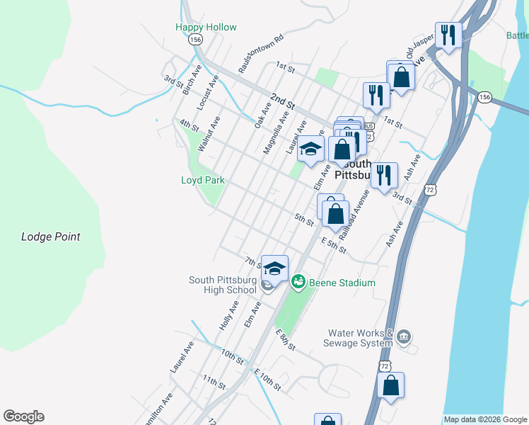 map of restaurants, bars, coffee shops, grocery stores, and more near 507 Laurel Ave in South Pittsburg