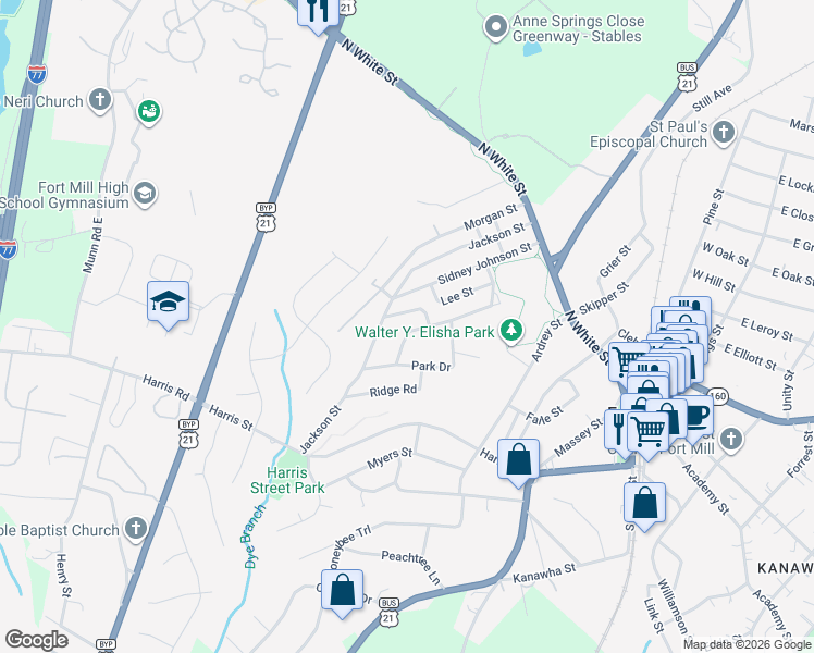 map of restaurants, bars, coffee shops, grocery stores, and more near 403 Calhoun Street in Fort Mill