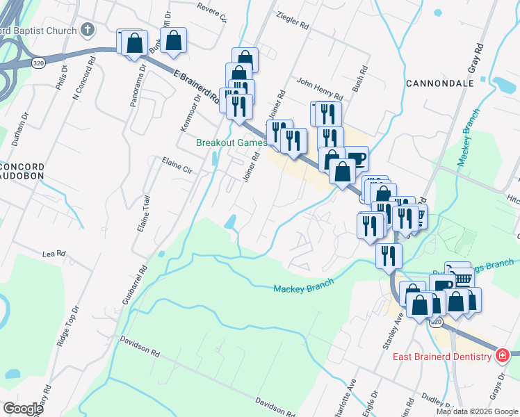 map of restaurants, bars, coffee shops, grocery stores, and more near 1339 Stratton Place Drive in Chattanooga