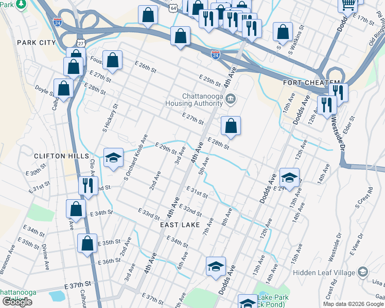 map of restaurants, bars, coffee shops, grocery stores, and more near 2819 4th Avenue in Chattanooga