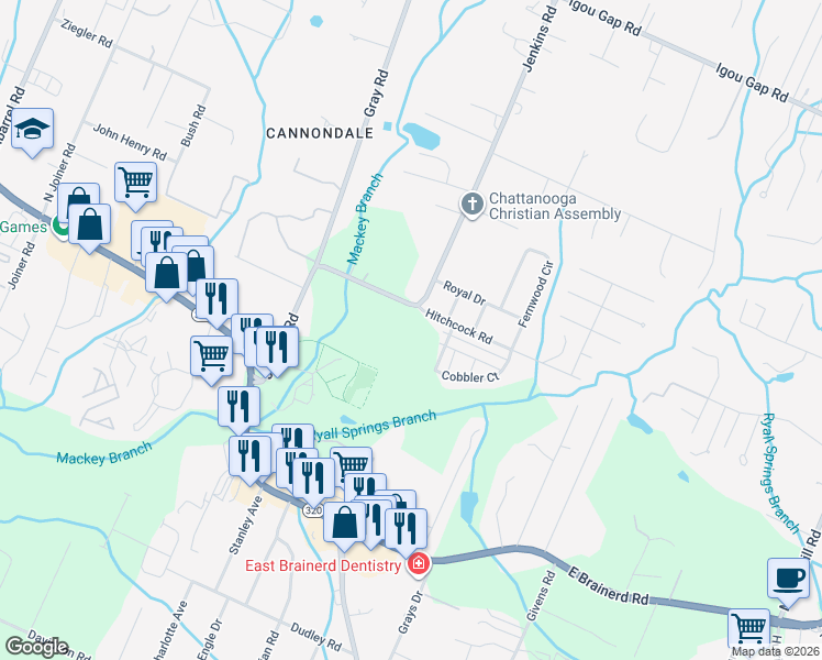 map of restaurants, bars, coffee shops, grocery stores, and more near 1526 Jenkins Road in Chattanooga