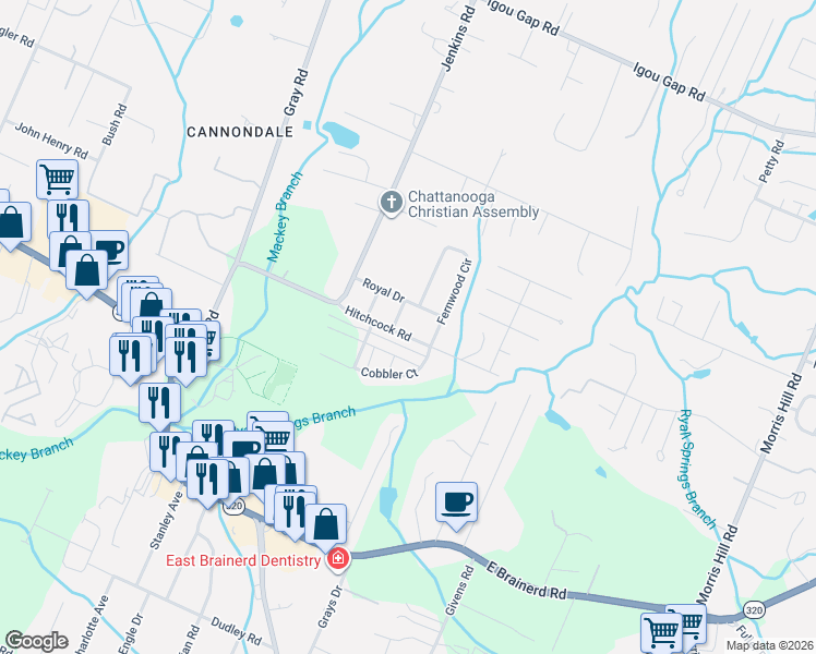 map of restaurants, bars, coffee shops, grocery stores, and more near 8117 Hitchcock Road in Chattanooga