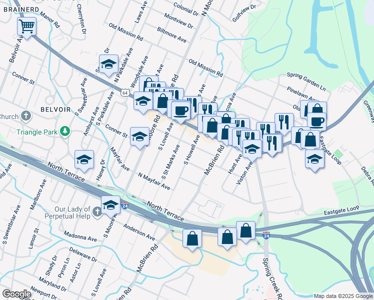 map of restaurants, bars, coffee shops, grocery stores, and more near 104 South Howell Avenue in Chattanooga