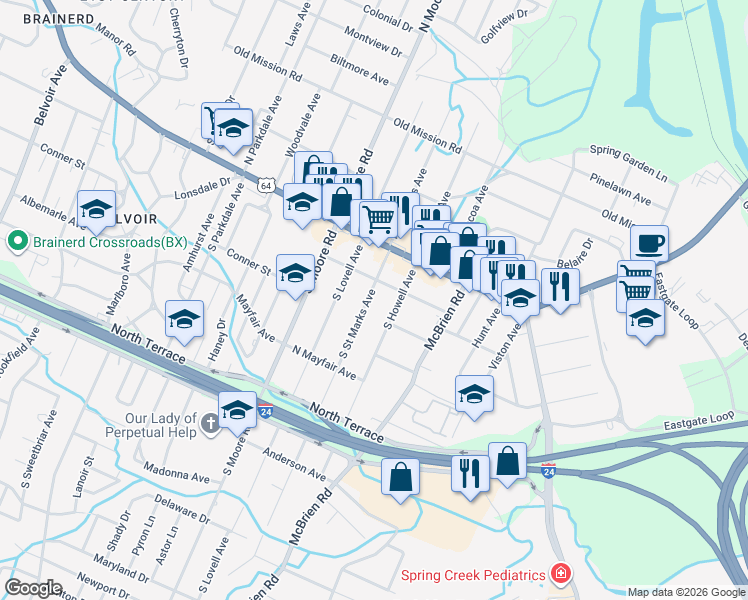 map of restaurants, bars, coffee shops, grocery stores, and more near 112 South Saint Marks Avenue in Chattanooga
