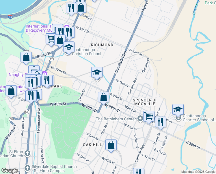 map of restaurants, bars, coffee shops, grocery stores, and more near 3605 Alton Park Boulevard in Chattanooga