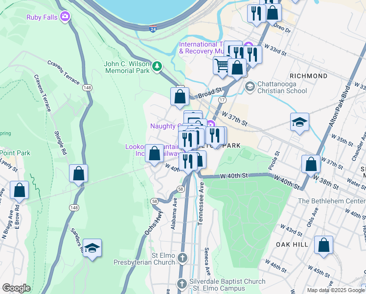 map of restaurants, bars, coffee shops, grocery stores, and more near 201 Old Mountain Road in Chattanooga