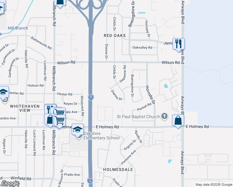 map of restaurants, bars, coffee shops, grocery stores, and more near 5065 Childs Drive in Memphis