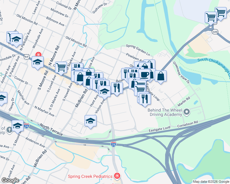 map of restaurants, bars, coffee shops, grocery stores, and more near 5514 Brainerd Rd in Chattanooga