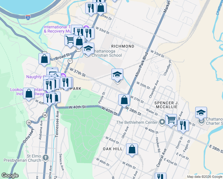 map of restaurants, bars, coffee shops, grocery stores, and more near 3717 Carl White Place in Chattanooga