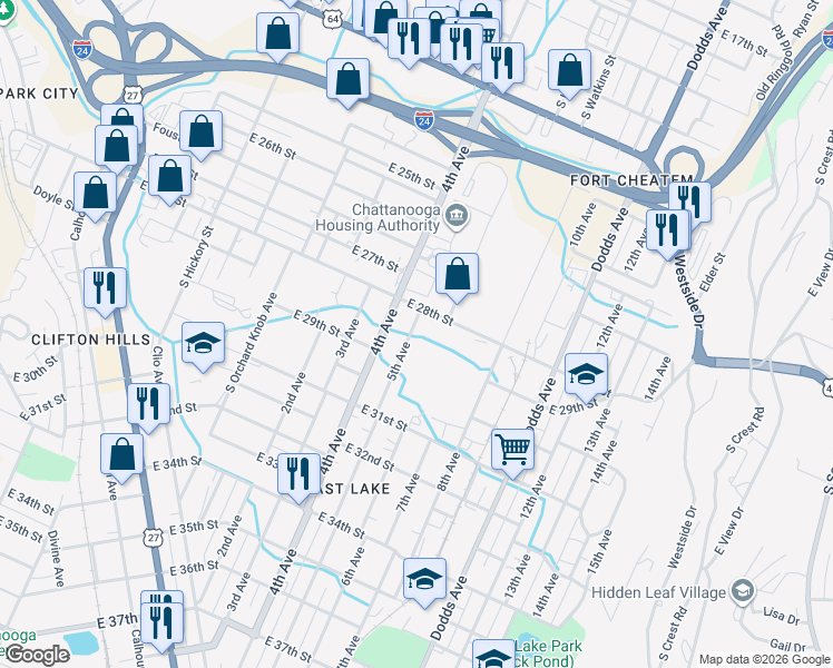 map of restaurants, bars, coffee shops, grocery stores, and more near 2812 5th Avenue in Chattanooga