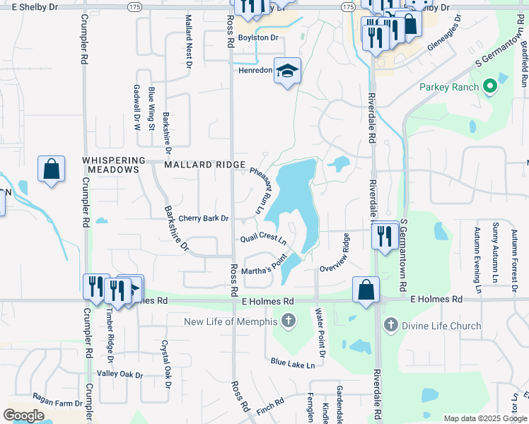 map of restaurants, bars, coffee shops, grocery stores, and more near 5050 Pheasant Run Lane in Memphis