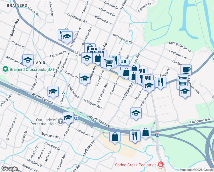 map of restaurants, bars, coffee shops, grocery stores, and more near 112 South Saint Marks Avenue in Chattanooga