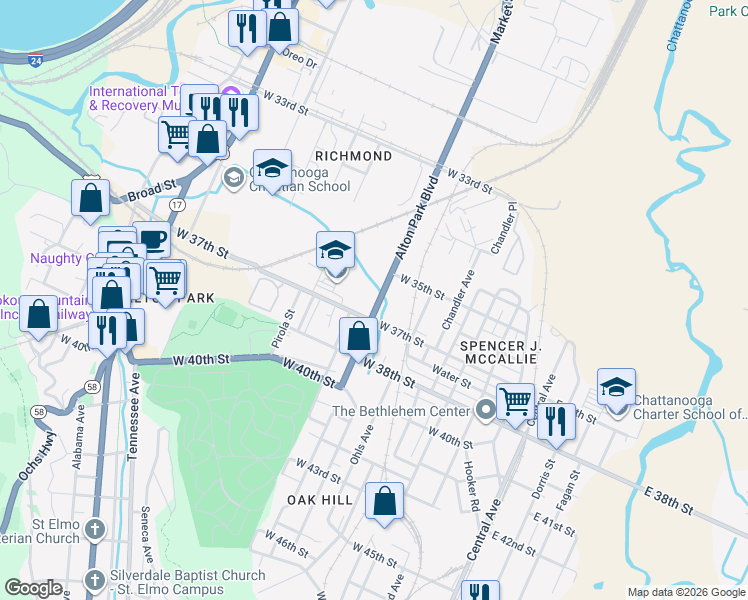 map of restaurants, bars, coffee shops, grocery stores, and more near 3605 Alton Park Boulevard in Chattanooga