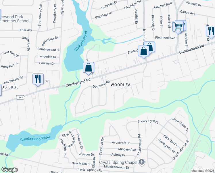 map of restaurants, bars, coffee shops, grocery stores, and more near 2612 Brentford Drive in Fayetteville