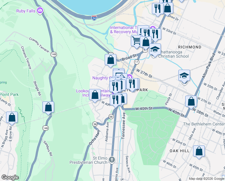 map of restaurants, bars, coffee shops, grocery stores, and more near 201 Old Mountain Road in Chattanooga