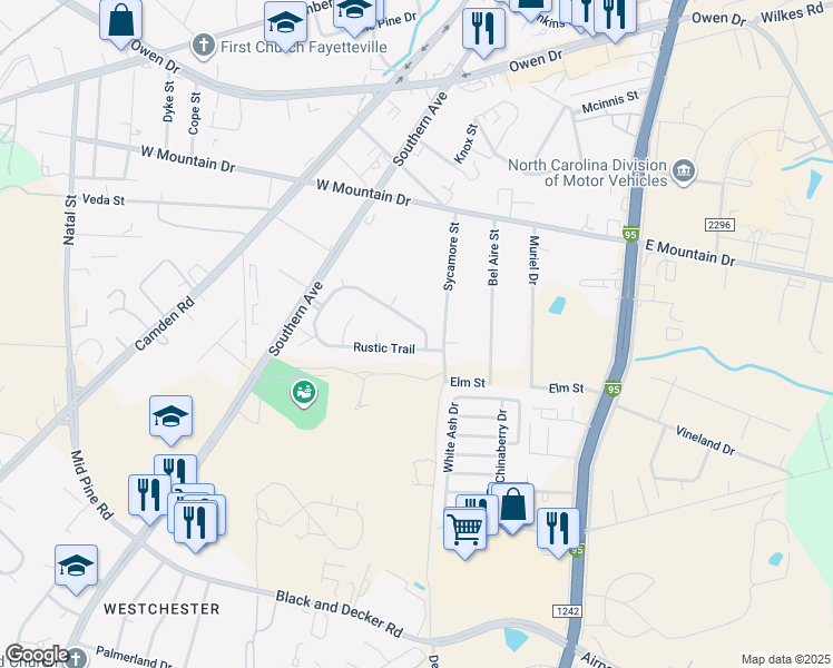 map of restaurants, bars, coffee shops, grocery stores, and more near 2336 Rustic Trail in Fayetteville