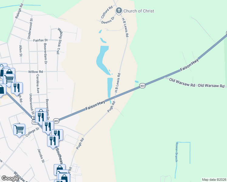 map of restaurants, bars, coffee shops, grocery stores, and more near 45 H B Lewis Road in Clinton