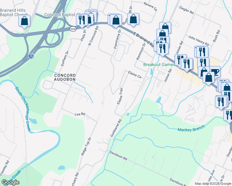 map of restaurants, bars, coffee shops, grocery stores, and more near 7204 Sylvia Trail in Chattanooga