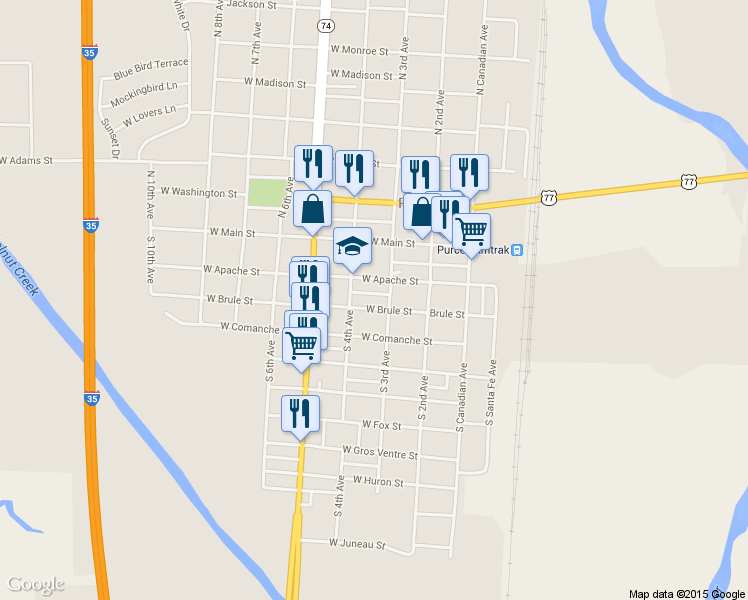 map of restaurants, bars, coffee shops, grocery stores, and more near 311 West Brule Street in Purcell