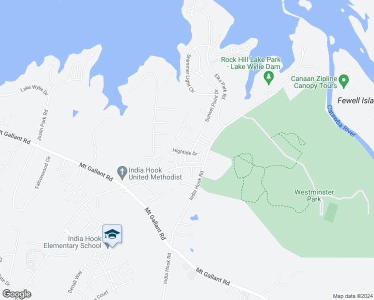 map of restaurants, bars, coffee shops, grocery stores, and more near 130 Hightide Drive in Rock Hill