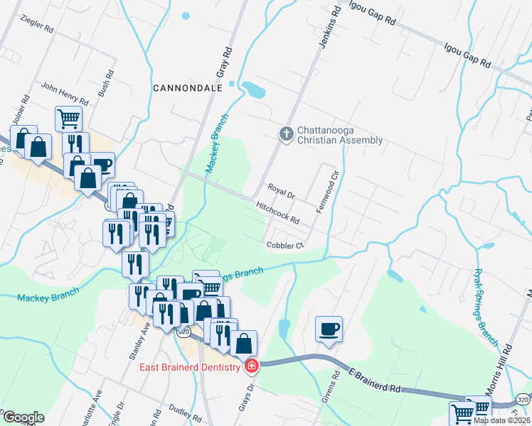 map of restaurants, bars, coffee shops, grocery stores, and more near 8047 Honeycomb LN in Chattanooga