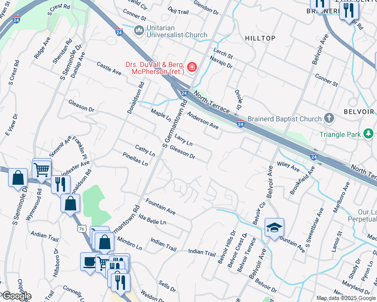 map of restaurants, bars, coffee shops, grocery stores, and more near 3610 Gleason Drive in Chattanooga