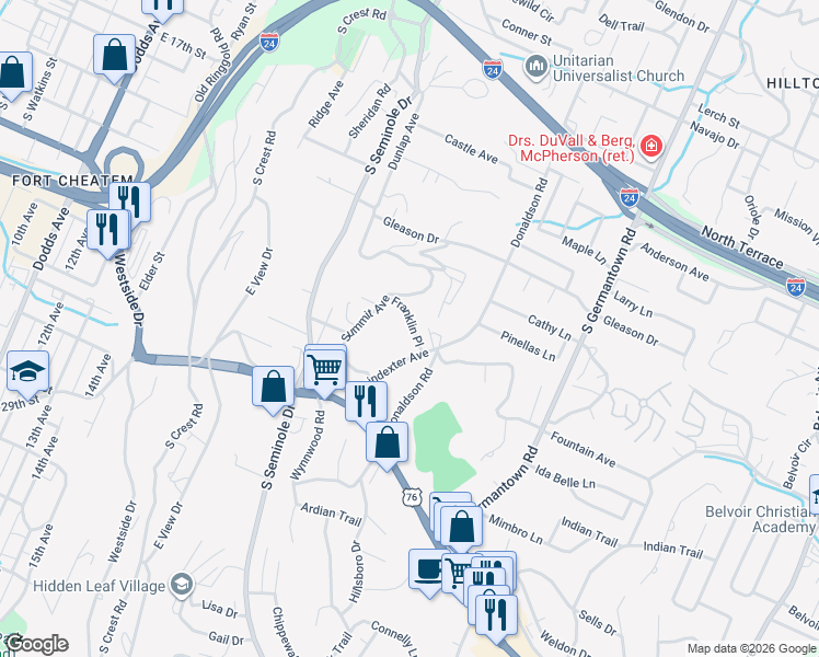 map of restaurants, bars, coffee shops, grocery stores, and more near 811 Poindexter Avenue in Chattanooga