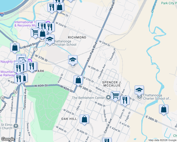 map of restaurants, bars, coffee shops, grocery stores, and more near 3511 Ohls Avenue in Chattanooga