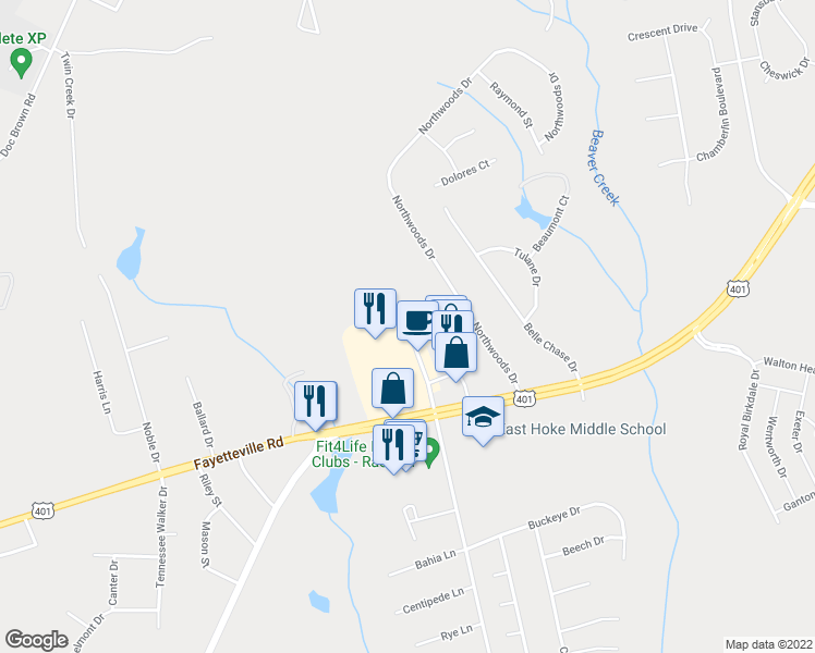 map of restaurants, bars, coffee shops, grocery stores, and more near 1940 Club Pond Road in Raeford