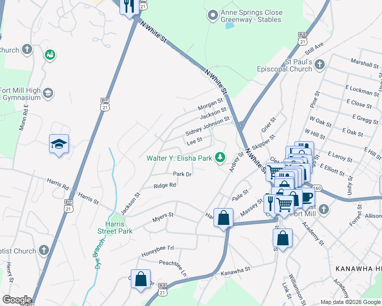 map of restaurants, bars, coffee shops, grocery stores, and more near Calhoun Street in Fort Mill