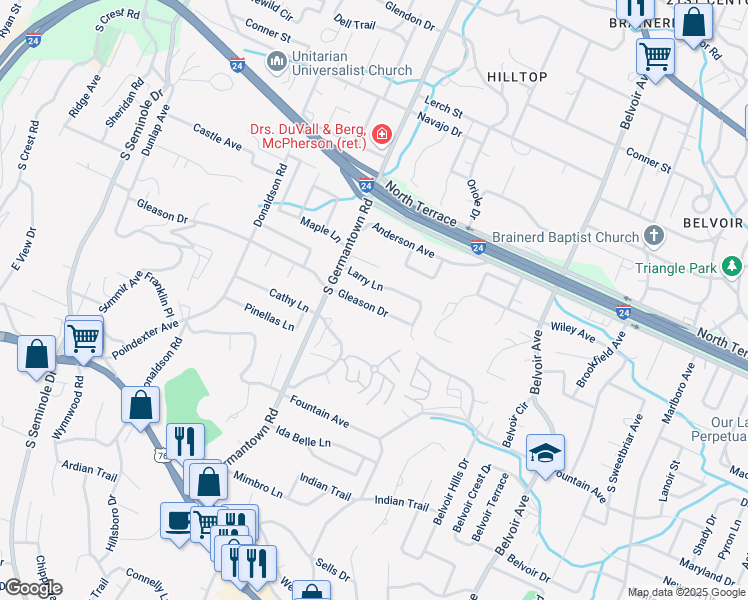 map of restaurants, bars, coffee shops, grocery stores, and more near 3610 Gleason Drive in Chattanooga