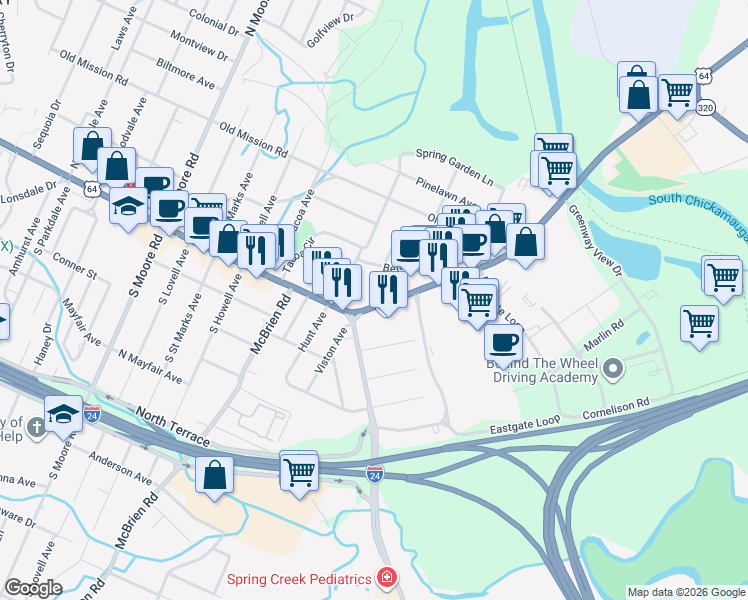 map of restaurants, bars, coffee shops, grocery stores, and more near 5514 Brainerd Road in Chattanooga