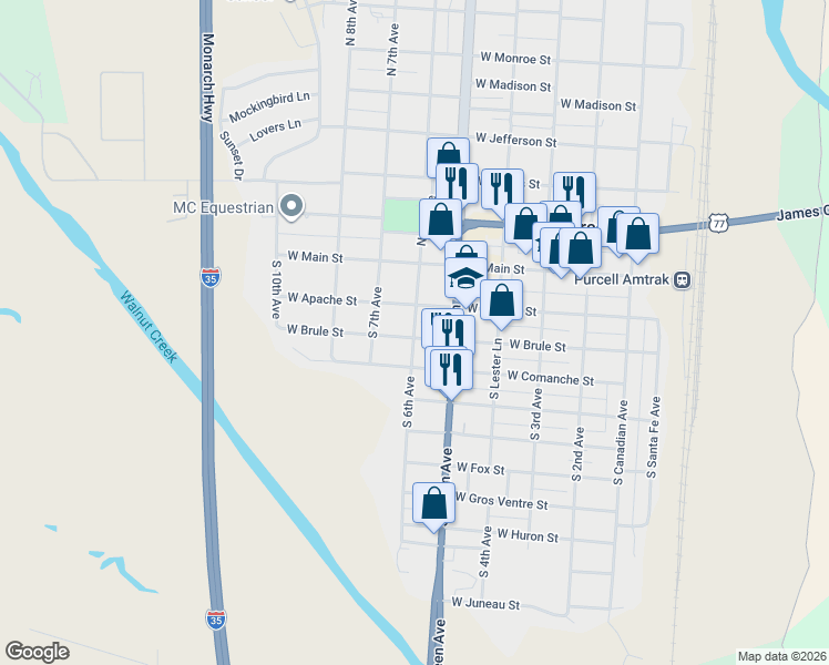 map of restaurants, bars, coffee shops, grocery stores, and more near 602 West Brule Street in Purcell