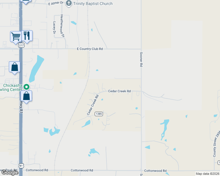 map of restaurants, bars, coffee shops, grocery stores, and more near 1072 County Road 1383 in Chickasha