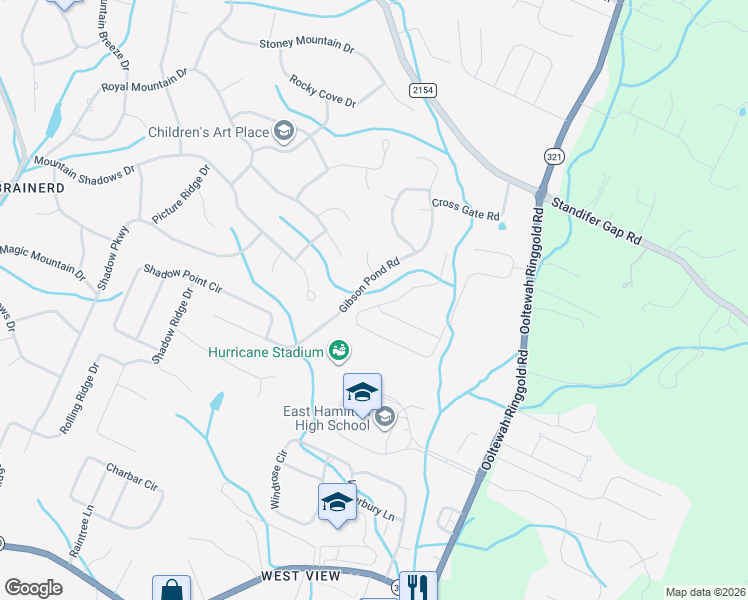map of restaurants, bars, coffee shops, grocery stores, and more near 454 Gibson Pond Road in Chattanooga
