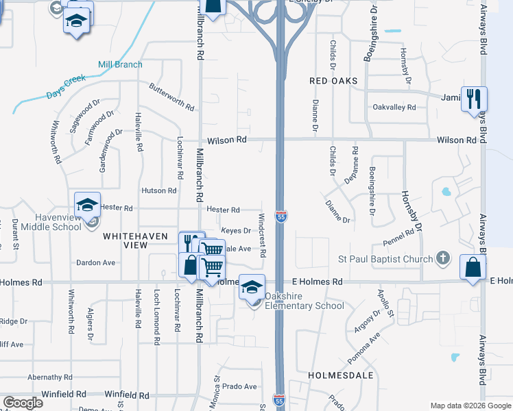 map of restaurants, bars, coffee shops, grocery stores, and more near 1794 Hester Road in Memphis