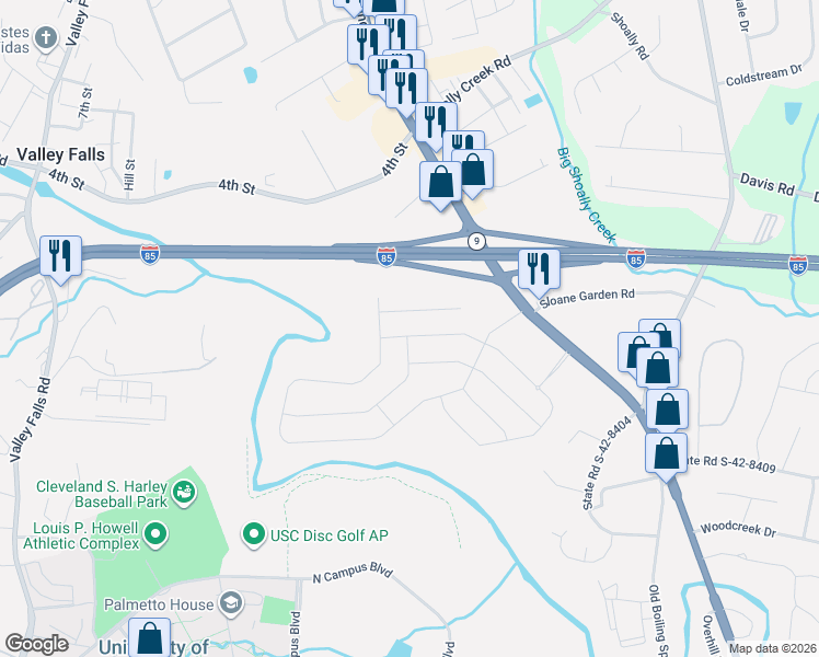 map of restaurants, bars, coffee shops, grocery stores, and more near Interstate 85 in Boiling Springs
