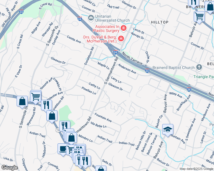 map of restaurants, bars, coffee shops, grocery stores, and more near 3600 Gleason Drive in Chattanooga