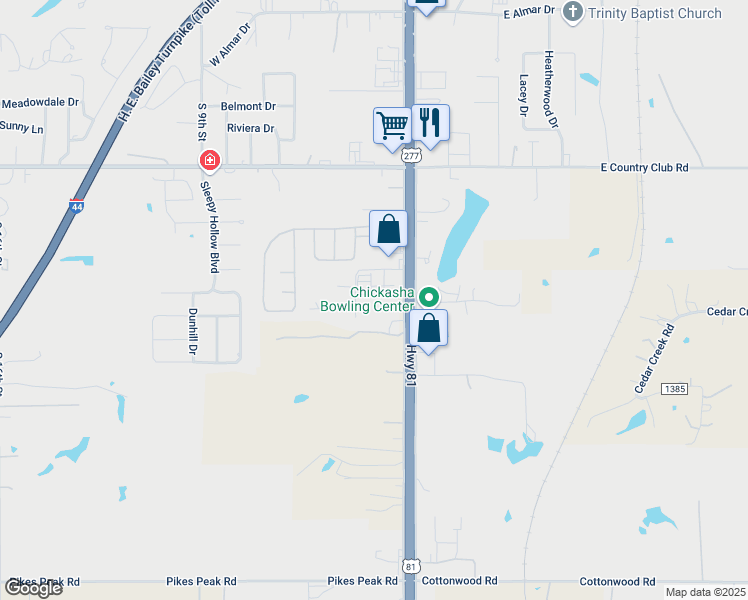map of restaurants, bars, coffee shops, grocery stores, and more near 3600 South 4th Street in Chickasha