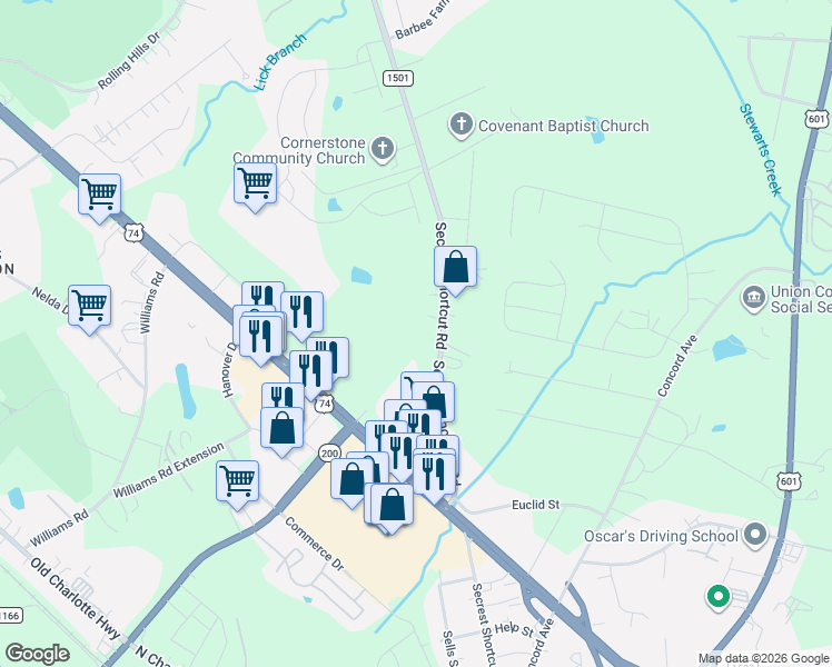 map of restaurants, bars, coffee shops, grocery stores, and more near 2061-2335 Secrest Short Cut Road in Monroe