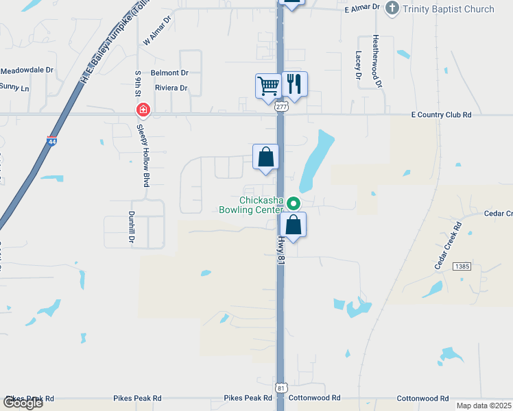 map of restaurants, bars, coffee shops, grocery stores, and more near 3600 South 4th Street in Chickasha