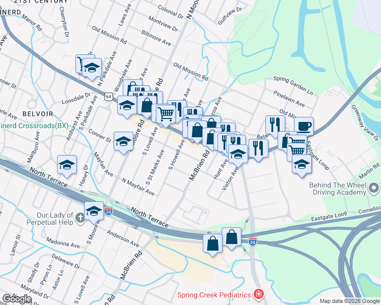 map of restaurants, bars, coffee shops, grocery stores, and more near 5211 Sunbeam Avenue in Chattanooga