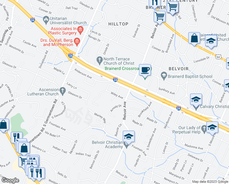 map of restaurants, bars, coffee shops, grocery stores, and more near 3811 Wiley Avenue in Chattanooga