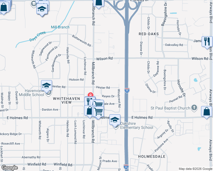 map of restaurants, bars, coffee shops, grocery stores, and more near 1739 Hester Road in Memphis