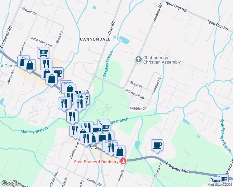 map of restaurants, bars, coffee shops, grocery stores, and more near 1526 Jenkins Road in Chattanooga