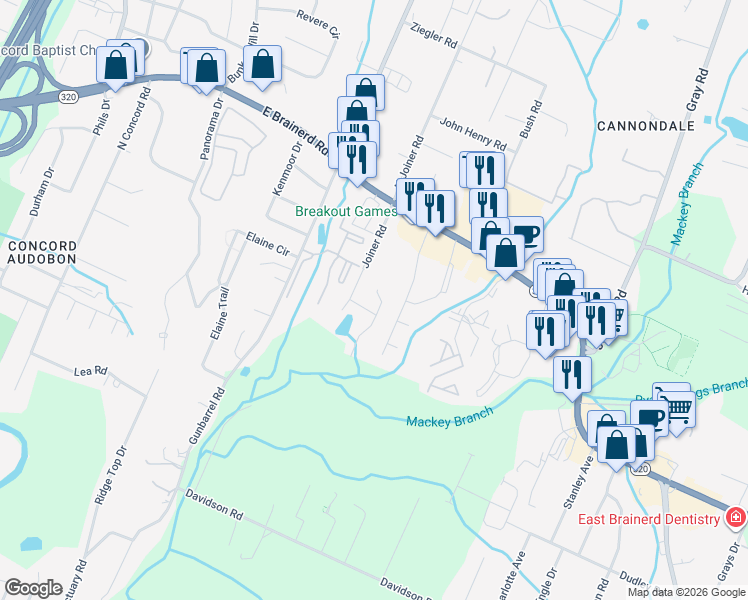 map of restaurants, bars, coffee shops, grocery stores, and more near 7526 Eric Drive in Chattanooga
