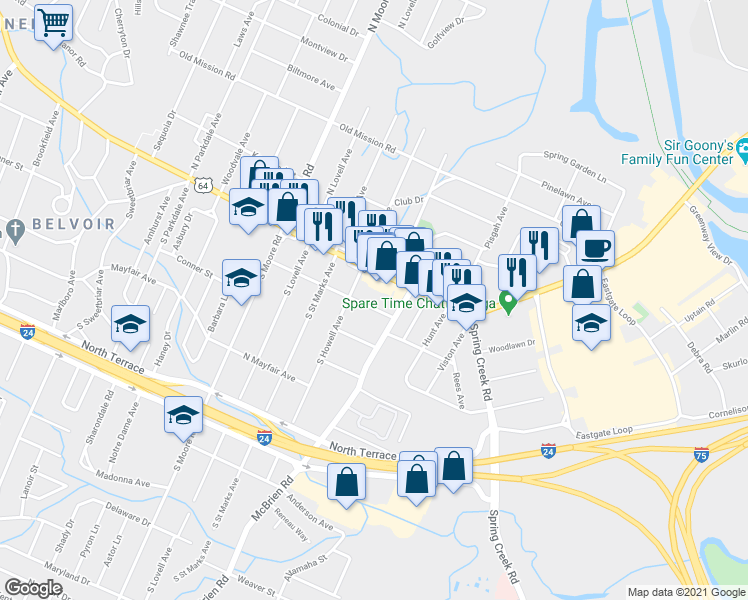 map of restaurants, bars, coffee shops, grocery stores, and more near 5217 Sunbeam Avenue in Chattanooga