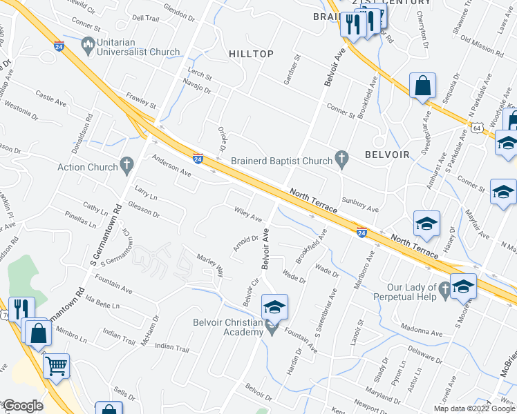 map of restaurants, bars, coffee shops, grocery stores, and more near 3907 Wiley Avenue in Chattanooga