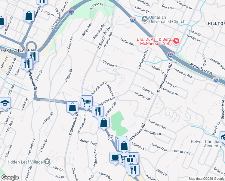 map of restaurants, bars, coffee shops, grocery stores, and more near 831 Donaldson Road in Chattanooga
