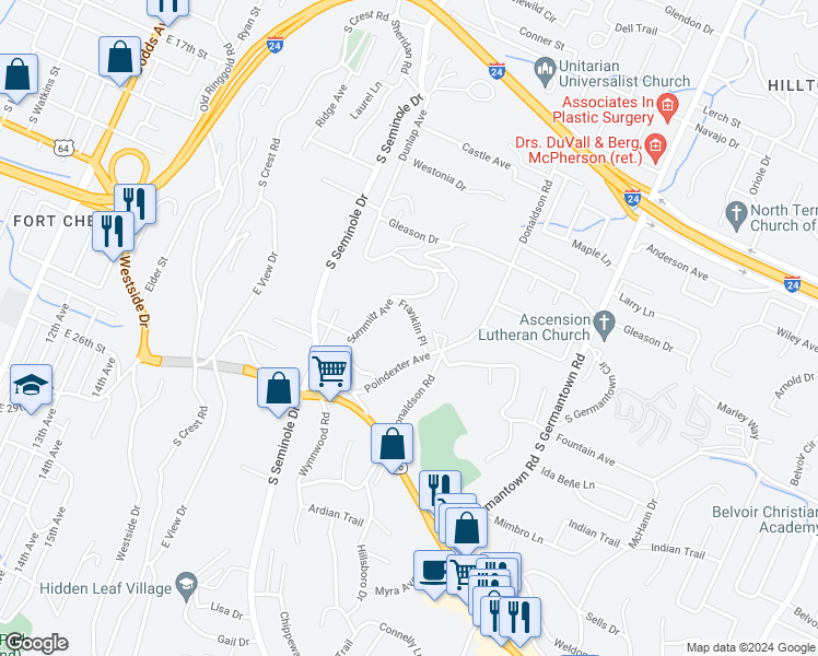 map of restaurants, bars, coffee shops, grocery stores, and more near 811 Poindexter Avenue in Chattanooga